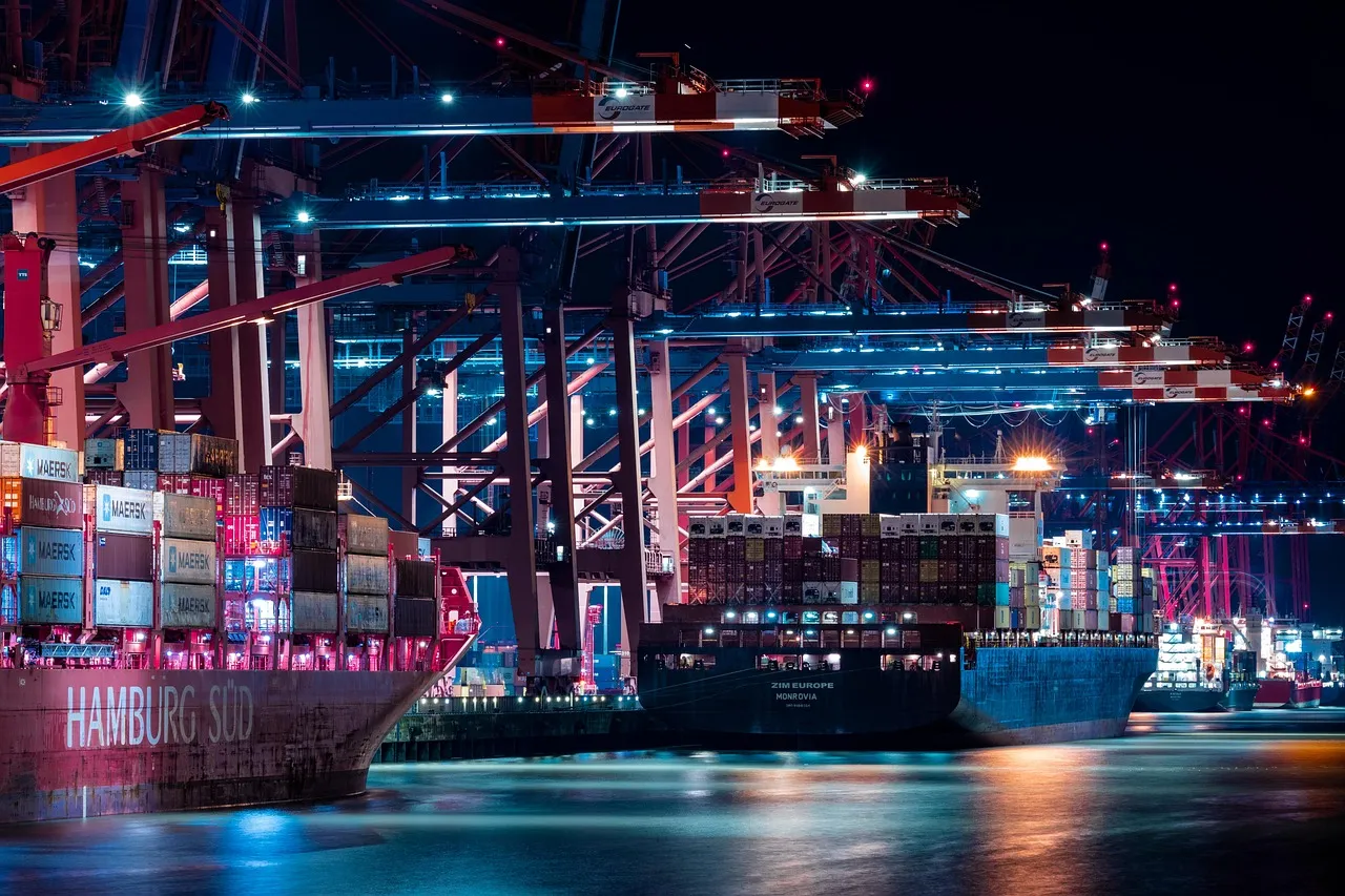 Container cranes and stacked shipping containers at the port of Hamburg.