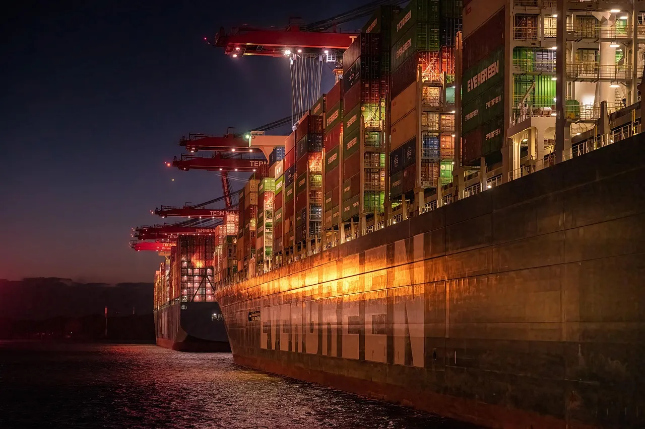port, container ship, night, cargo ship